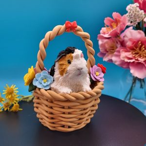 Summer Guinea Pig Sculpture in a Wicker Basket