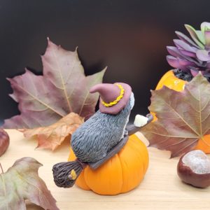 Grey guinea pig flying on a broomstick. The piggy sits on top of a giant pumpkin. The guinea pig is wearing a witch hat. There's a little ghost companion sitting on the front of the broomstick.